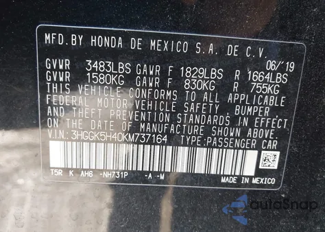 2019 Honda Fit Lx из США, поврежденный, VIN 3HGGK5H40KM737164